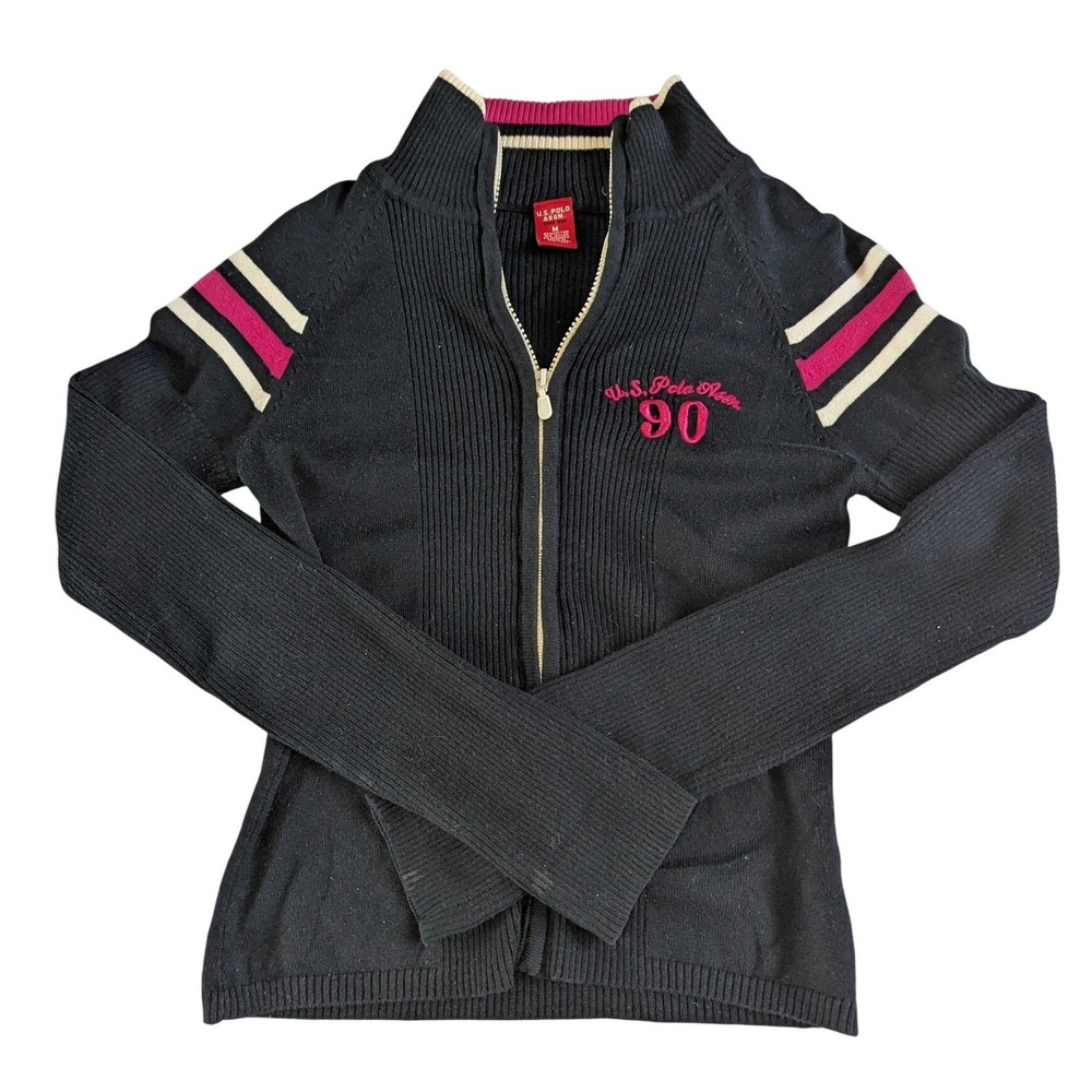 US Polo Assn Womens 1/4 Zip Sweater Collegiate Preppy Size M Black Pink Retro‎